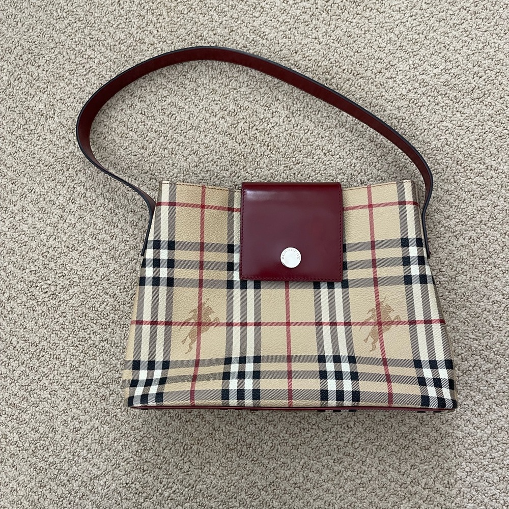 Authentic Burberry haymarket signature plaid shoulder bag with red trim